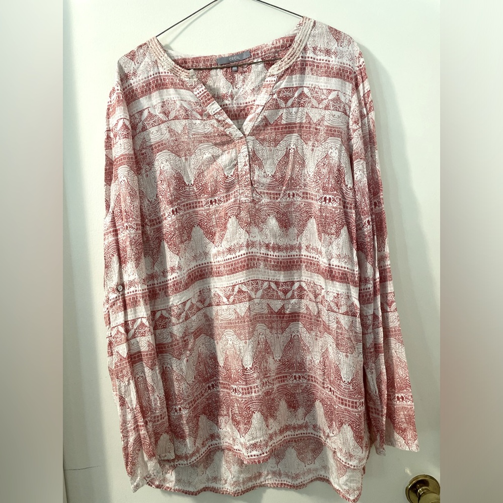 Cecil Red and White Relaxed long sleeve Bohemian Tunic Size XL